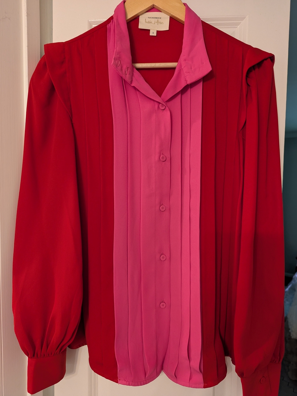 Tuckernuck + India Hicks Two-Tone Red & Hot Pink Pleated Button-Front Blouse - Picture 3 of 5